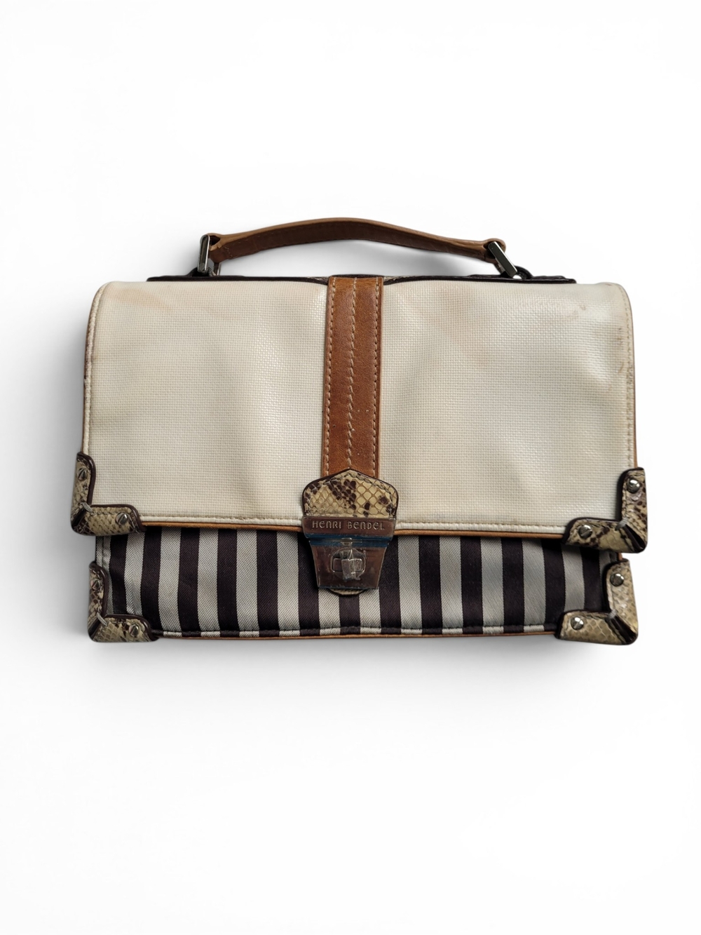henri bendel Cream, Brown and Black Striped Satchel